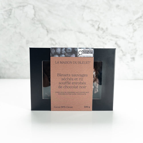 Bleuets séchés et riz soufflé enrobés de chocolat