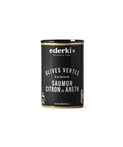 Olives vertes à la farce de saumon, citron, aneth